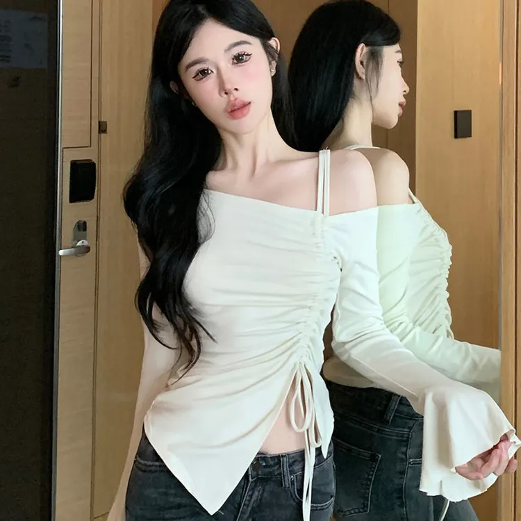 纯欲甜辣妹性感风露肩抽绳T恤秋季不规则修身显瘦小众长袖上衣ins