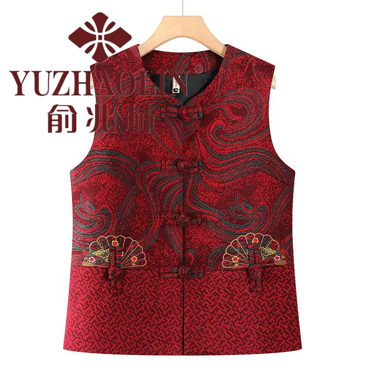 YUZHAOLIN/俞兆林中老年人女春秋装马甲奶奶圆领盘扣绣花大码无袖商品图