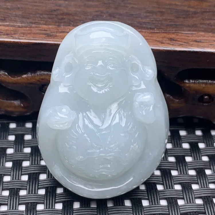 缅甸A货天然翡翠财神爷挂坠冰润白透精雕财神吊坠挂件守护神雕刻