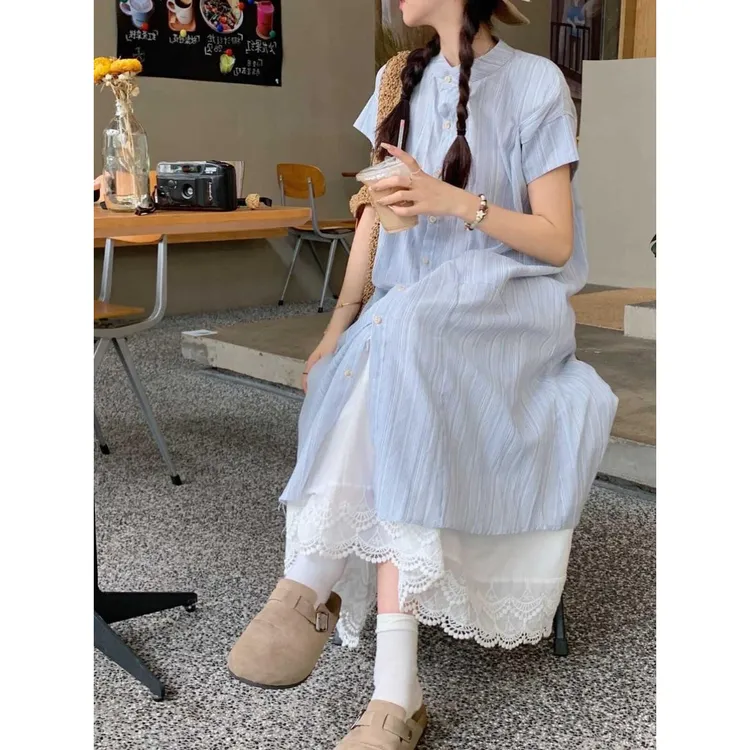 蓝色条纹短袖衬衫连衣裙女夏季2024新款韩系宽松中长款叠穿A字裙