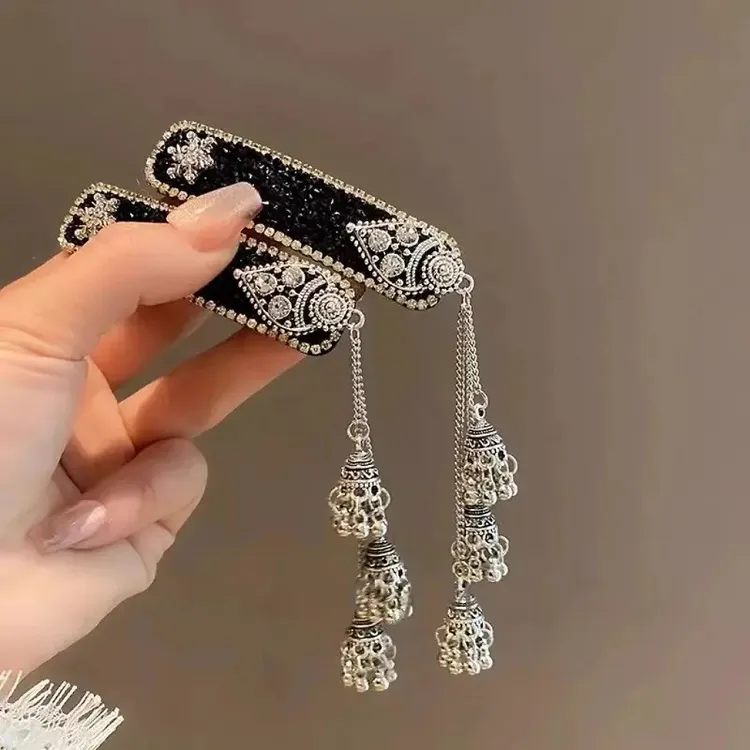 黑色纯手工铃铛流苏发夹女复古刘海侧边夹民族风发卡气质BB夹头饰