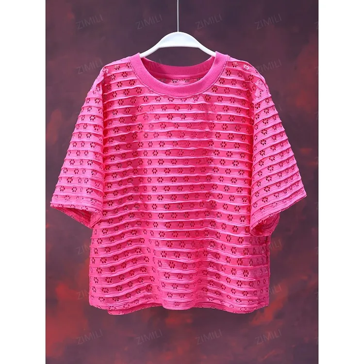 【韩哥女装】夏季洋红钩花镂空短袖T恤9809