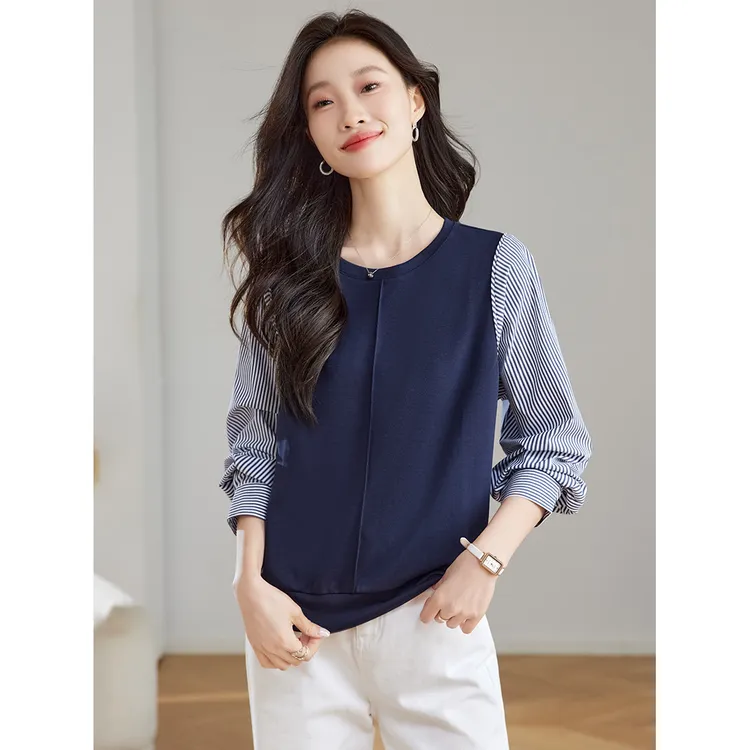 韩系条纹衬衫拼接卫衣女春秋2025新款长袖百搭休闲上衣时尚假两件