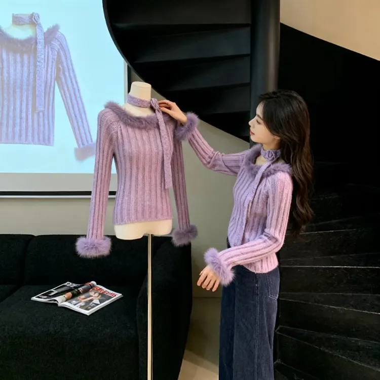 2025新款韩版秋冬轻熟风V领针织衫女时尚慵懒风高级感毛领毛衣潮