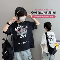 男童短袖T恤2025夏新款半袖中大童棉字母潮酷上衣个性体恤