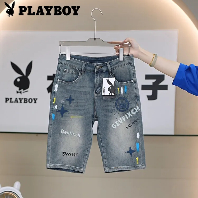 PLAYBOY/花花公子夏季薄款男士星星刺绣烫钻百搭牛仔短裤