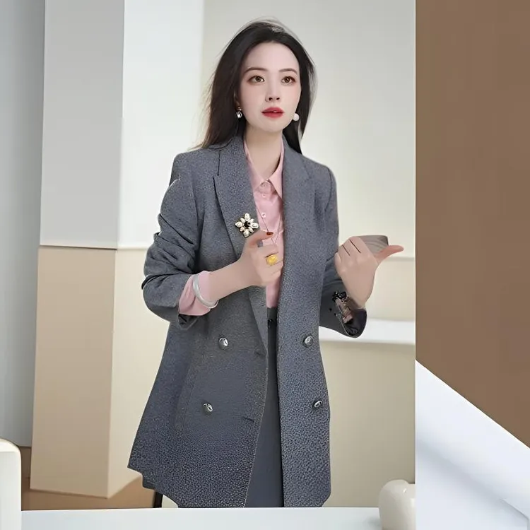 哥弟冬季女士西装H版气质双排扣高级灰羊毛正肩西装外套140002