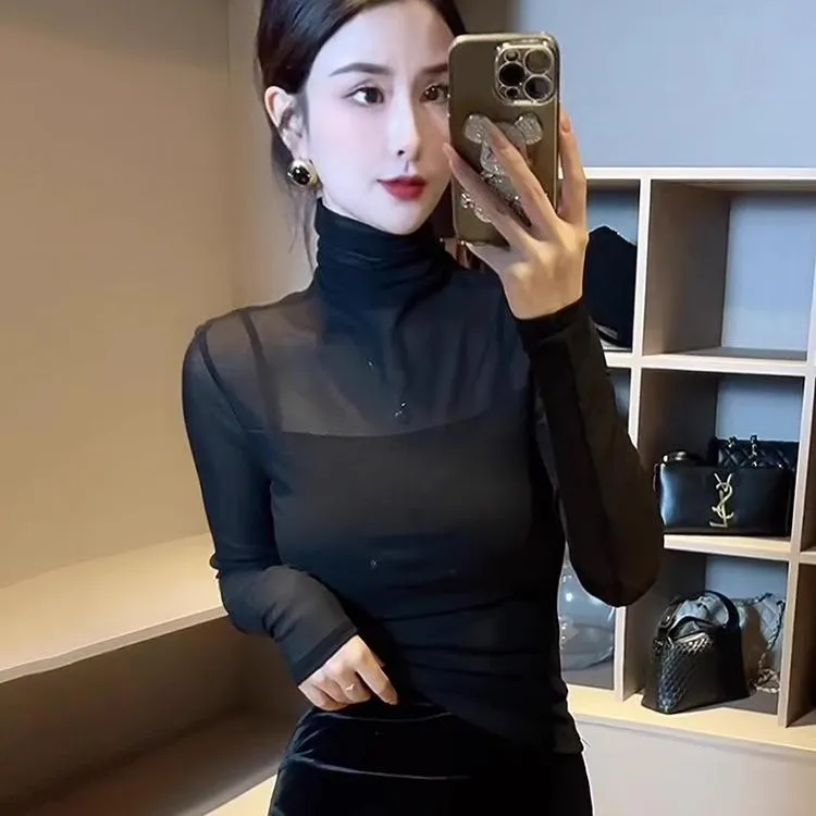 高端透视网纱高领黑色打底衫女春秋2025新款洋气内搭长袖t恤上衣