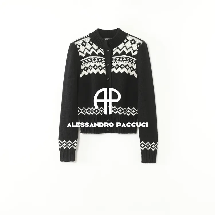 AP洛哥54301SK【费尔岛雪夜】100羊绒黑白配色提花修身时尚针织开衫