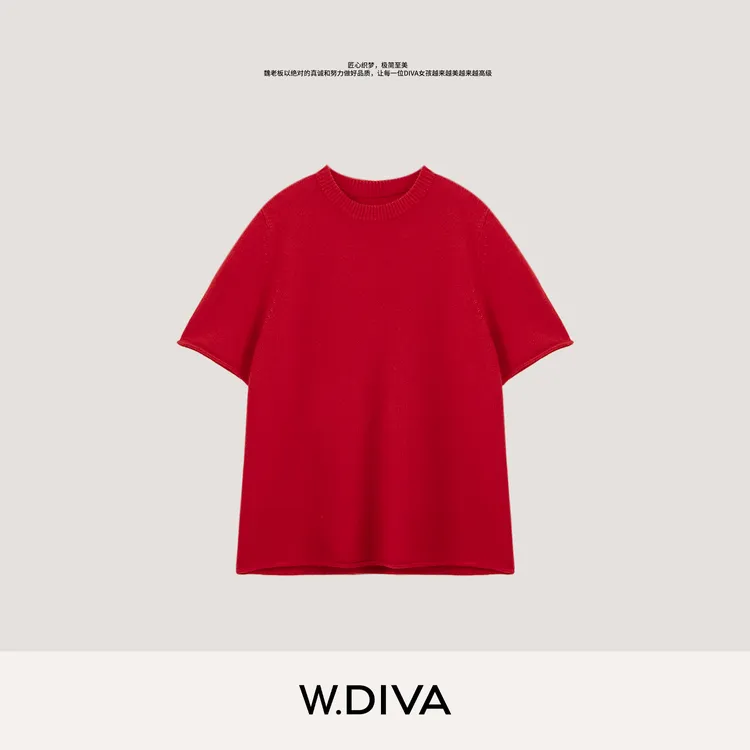 W.Diva【本色】羊绒罗纹圆领卷边短袖羊毛针织衫慵懒风女53Z123104