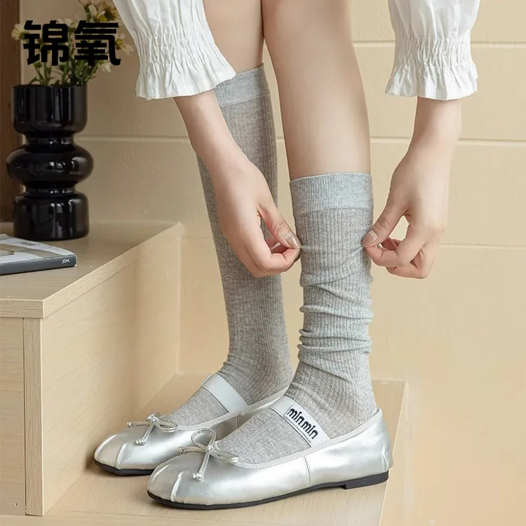 芭蕾风小腿袜子女春夏季薄款棉袜薄款网眼透气灰色长袜无骨堆堆袜