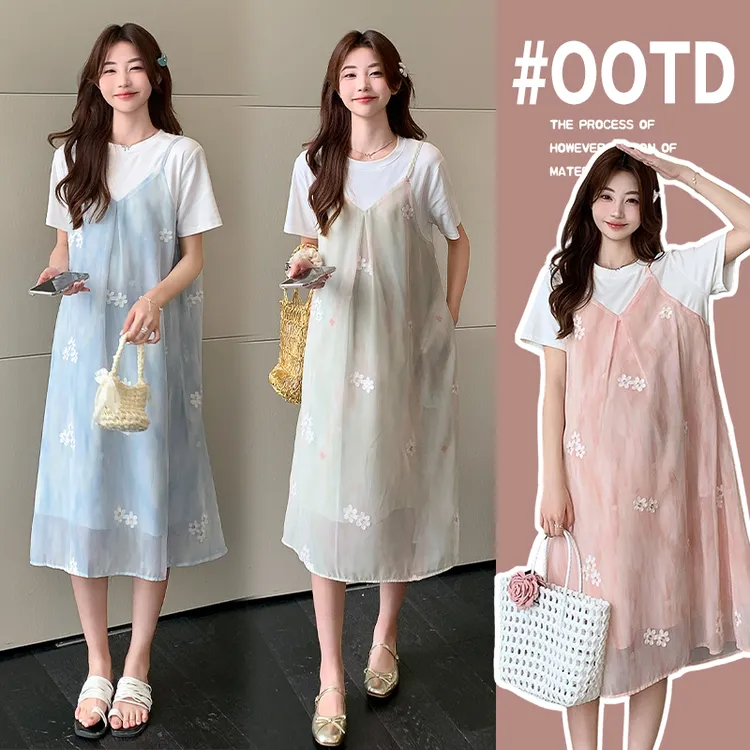 夏季孕妇装新款气质韩版拼接刺绣假两件中长款洋气显瘦连衣裙夏装