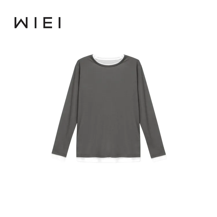 《WI EI》撞色T*超柔兰精天絲 撞色拼接层次感真两件长袖T恤 5C0157