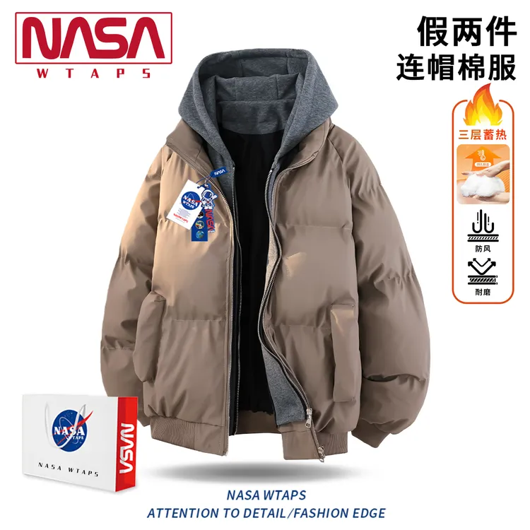 NASA WTAPS假两件连帽棉服男款冬季加厚保暖休闲棉袄百搭棉衣外套