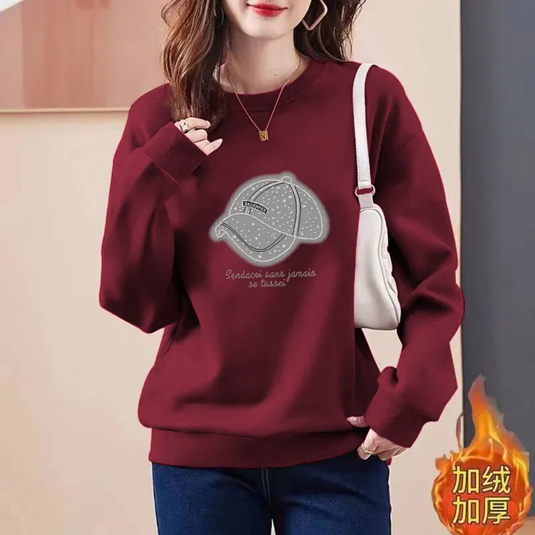 华棉加绒/不加绒2025春秋新款设计感套头卫衣女长袖大码圆领外套