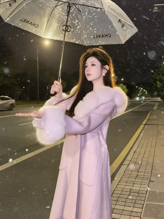 【雅乔定制】依恋 狐狸毛领连帽双面呢羊毛大衣外套女DYCC-25108460