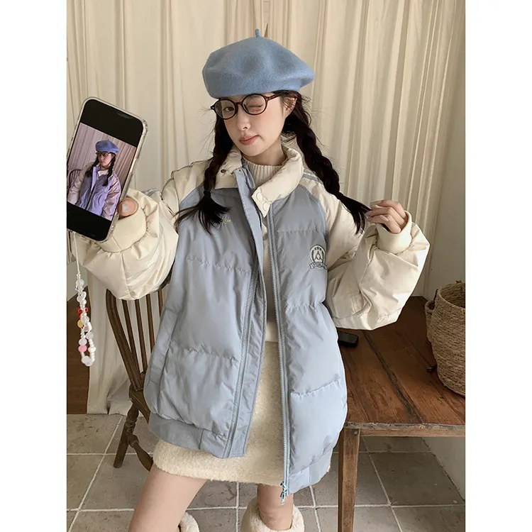 拼接短款条纹棉服外套女2025冬季新款宽松加厚休闲面包服棉衣棉袄