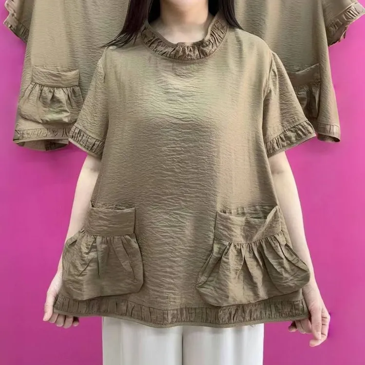 2025夏季新款薄款圆领花苞短袖小衫上衣宽松中年女装减龄时尚衬衫