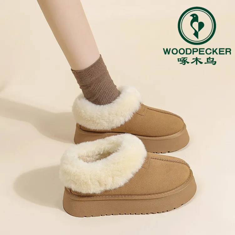 啄木鸟厚底雪地靴女2025新款冬季一脚蹬加绒加厚保暖东北面包棉鞋