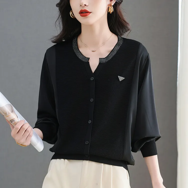 雪纺拼接针织衫上衣女大码遮肚子小衫春季薄款洋气显瘦妈妈打底衫