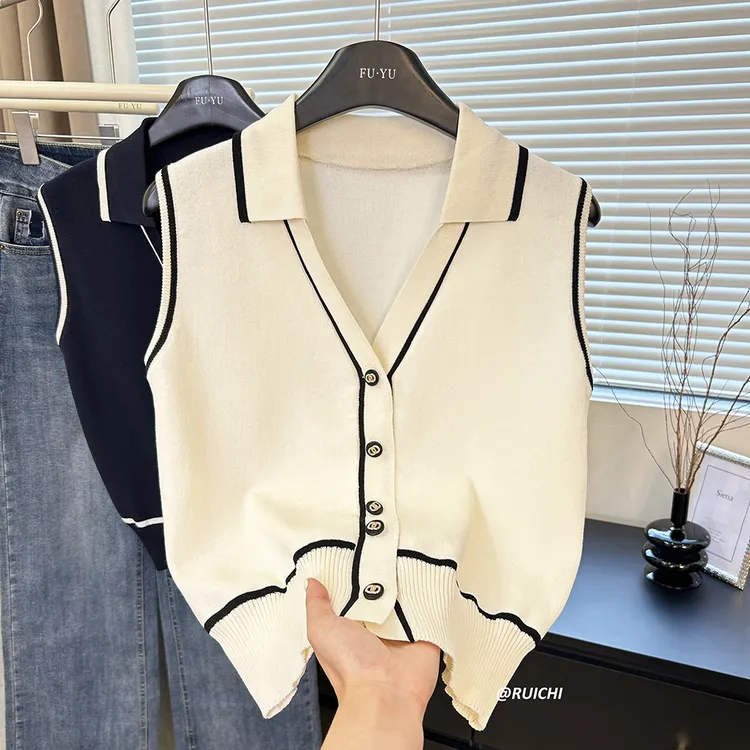 2025夏季薄款V领撞色条纹设计感金属扣无袖短款翻领针织衫上衣女