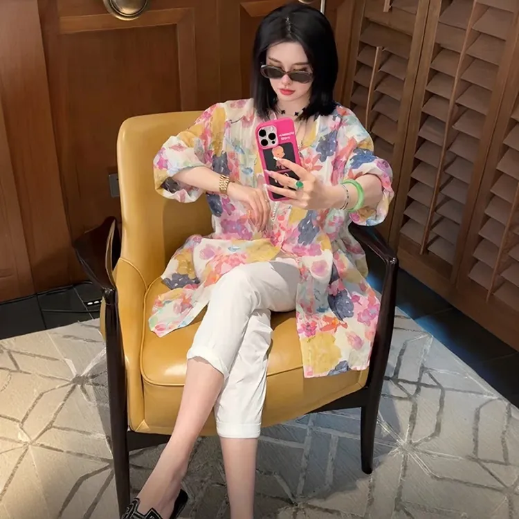 时尚百搭防晒衣外套女薄款潮流宽松衬衫夏季韩版碎花中长款衬衣