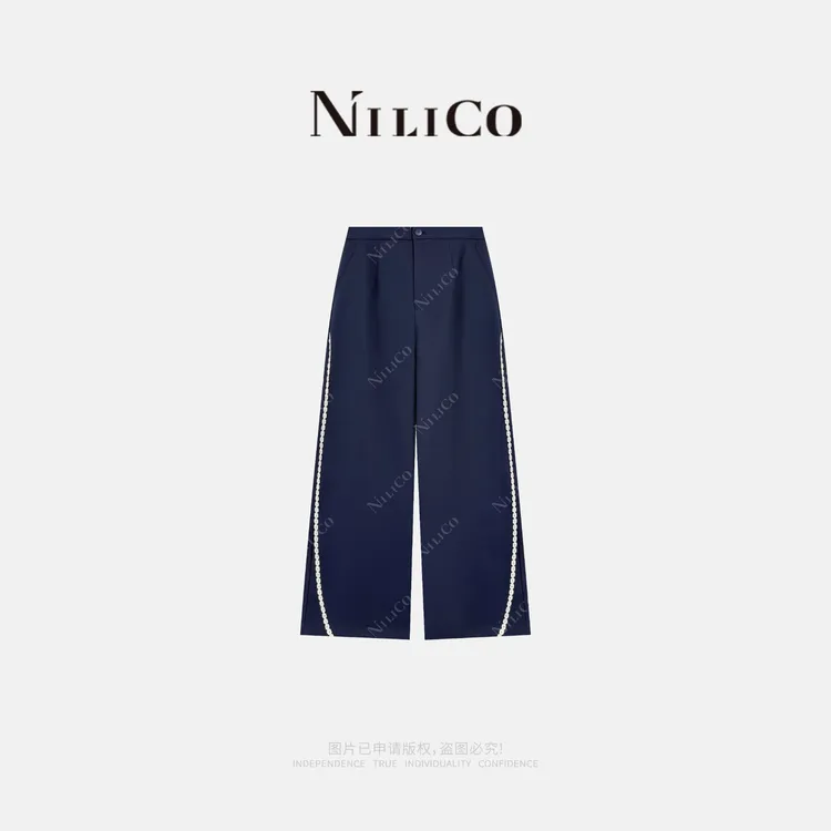 NILICO【逐浪青春】藏蓝色进口花边拼接直筒休闲裤