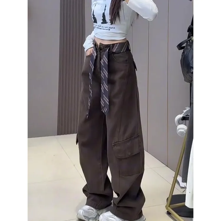 咖色工装阔腿裤子女秋季2025新款美式复古宽松慵懒松弛感弯刀裤