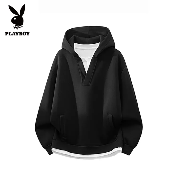 花花公子潮牌假两件连帽卫衣男士秋冬新款宽松百搭慵懒风休闲帽衫