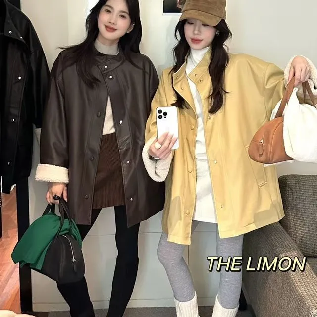 韩系棉服内胆加厚保暖皮衣女冬季高级感宽松毛毛袖拼接pu皮外套
