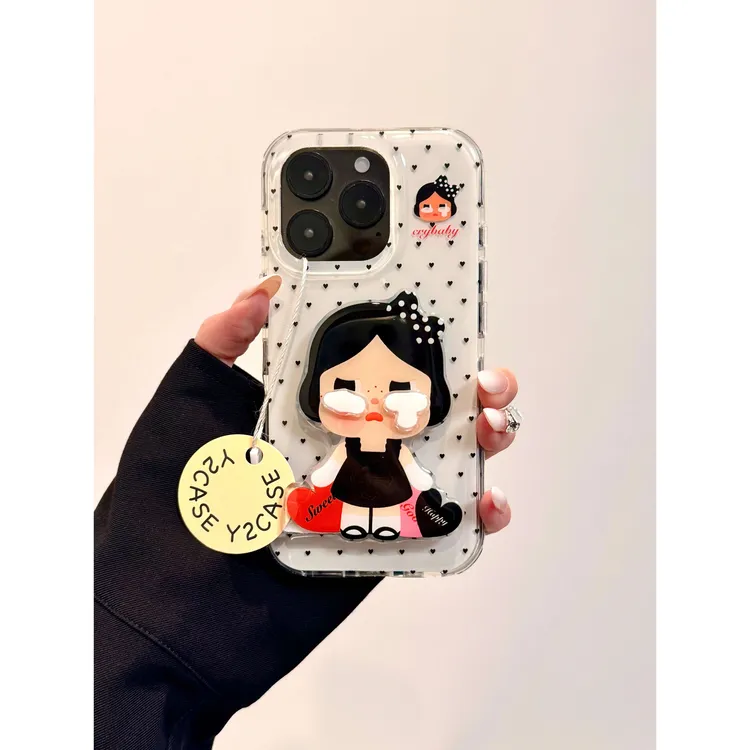 爱心黑色裙子哭泣女孩翻盖镜面适用苹果16手机壳iPhone15新款华为