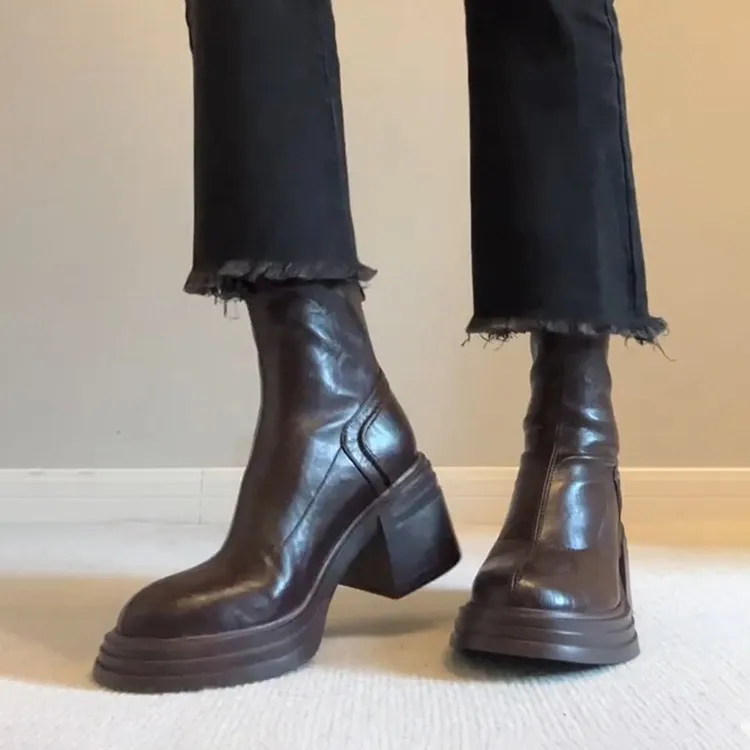 牛皮棕色复古真皮厚底增高马丁靴靴子女简约后拉链粗跟复古瘦瘦靴