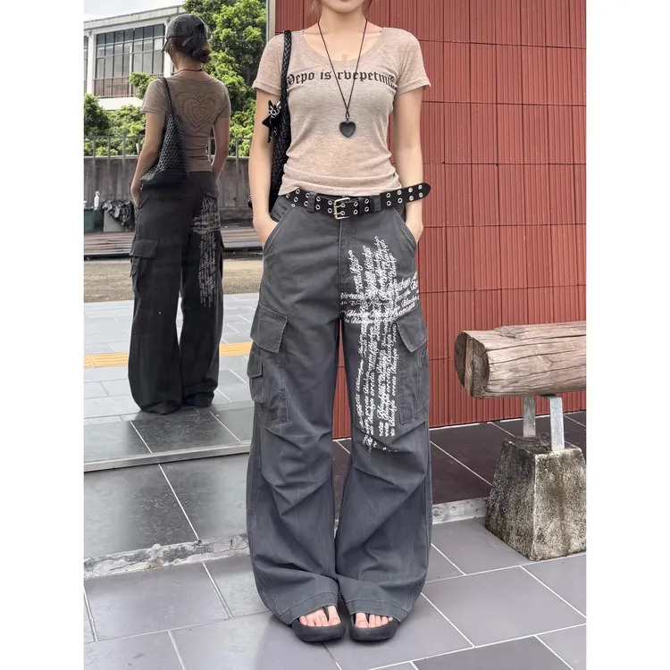 艺尙美式高街十字架刺绣口袋工装裤男女cleanfit潮牌痞帅宽松长裤