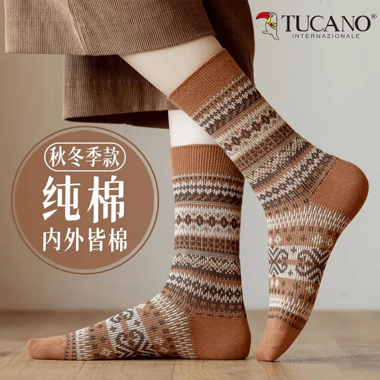 春夏季双针袜子女中筒袜100%全棉防臭复古民族风春秋女士舒适新款
