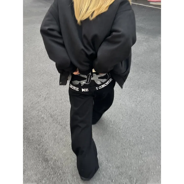 复古嘻哈风刀叉刺绣黑色微喇牛仔裤男做旧百搭阔腿拖地裤显瘦长裤