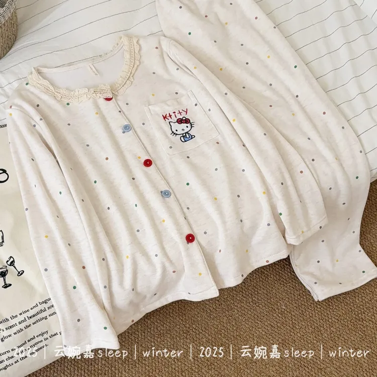 『彩点KT猫』秋冬睡衣女亲肤磨毛绒加厚加绒保暖冬季长袖家居服套装
