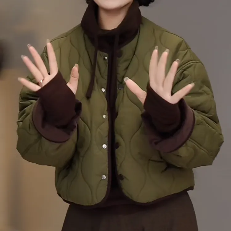 冬季新款加厚保暖棉服外套女宽松显瘦复古撞色单排扣圆领棉衣上衣