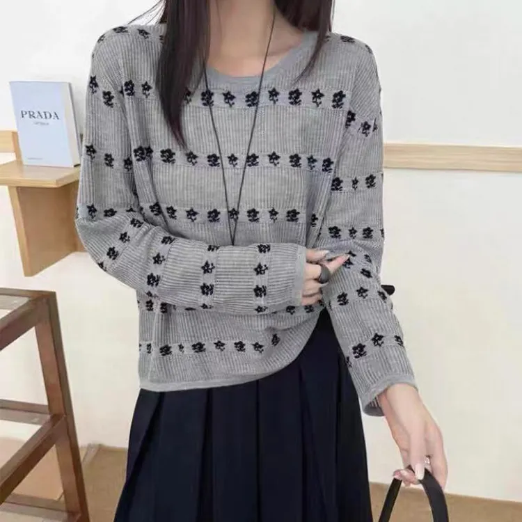 【丹姐家~藏青花朵~】醋酸丝羊毛新款圆领复古提花针织衫