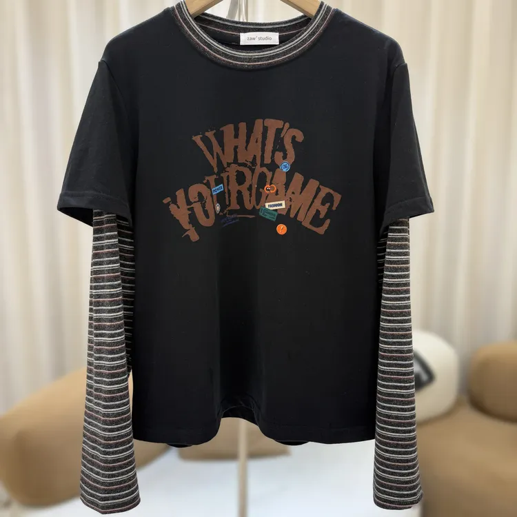 zaw大码加厚假两件卫衣女秋冬洋气内搭打底衫胖mm长袖T恤/25556