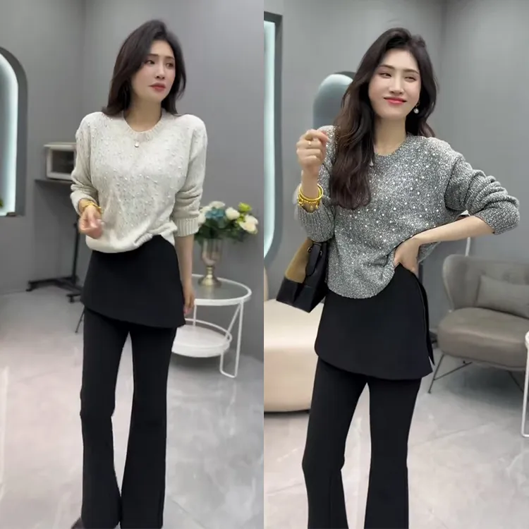 秋冬时尚穿搭2025年新款韩系简约圆领针织上衣高腰休闲裤两件套装