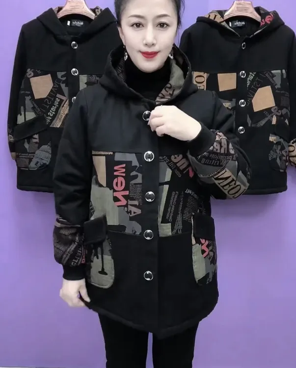 冬季时尚加绒加厚百搭拼接中长款新款印花连帽棉衣外套妈妈装8657
