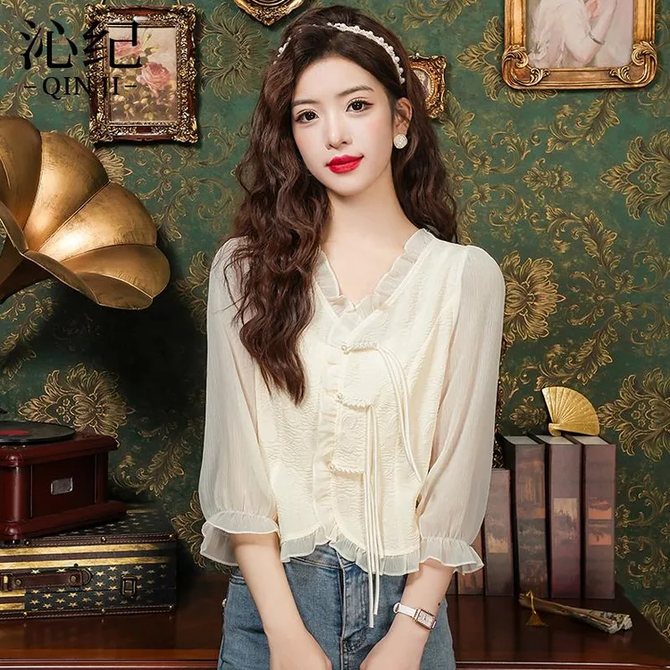 新中式国风雪纺衬衫女装2025年春季新款小个子短款衬衣七分袖上衣