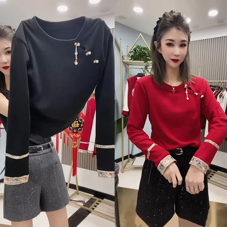 网红爆款新中式时尚减龄钉珠设计上衣女气质百搭纯色简约圆领T恤