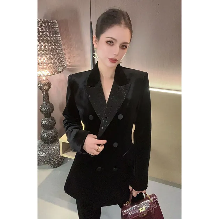 西装领烫钻拼接丝绒外套WT31075