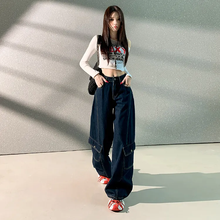 2025新款原色工装裤多口袋宽松牛仔裤女百搭显瘦