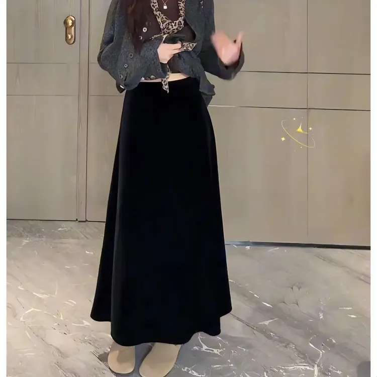 高级感韩版丝绒裙中长款法式高品质气质优雅A字裙遮肉显瘦慵懒裙