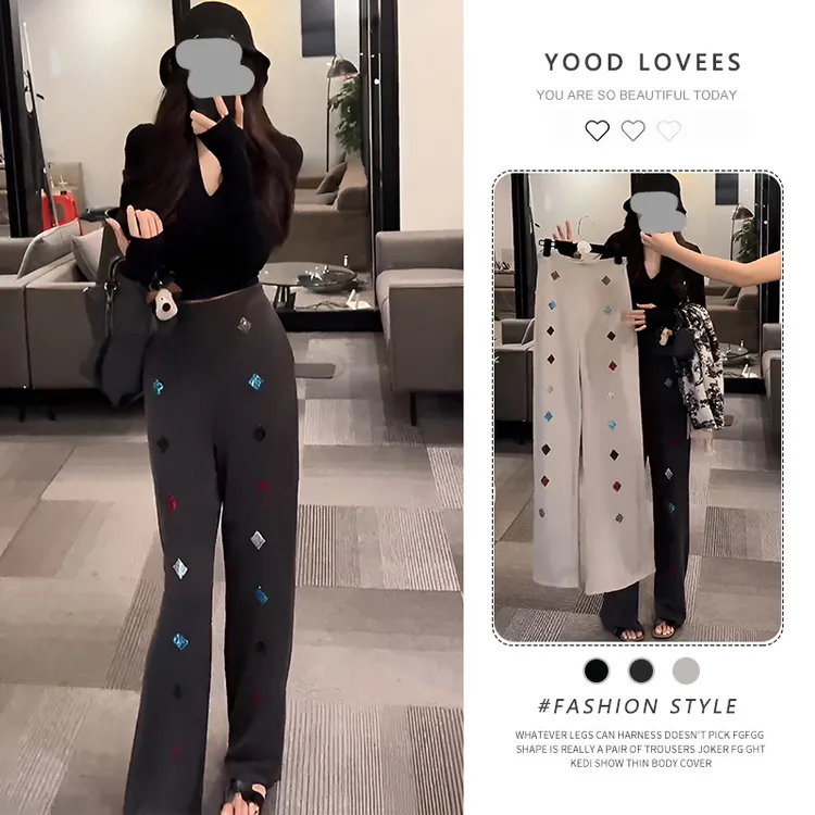 2025春秋季新款V领长袖衬衫收腰休闲简约上衣女烫钻休闲裤两件套