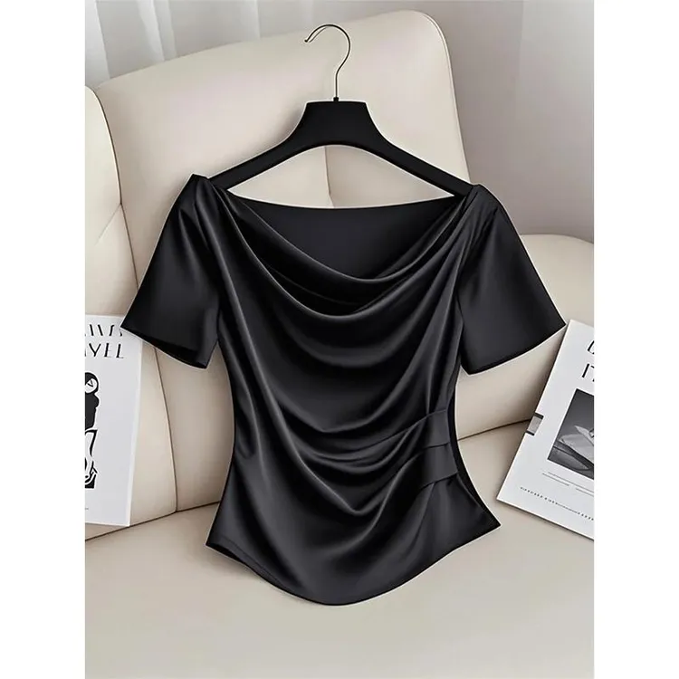 女款法式黑色一字肩荡领短袖T恤女2025洋气新款感短款掐收腰上衣