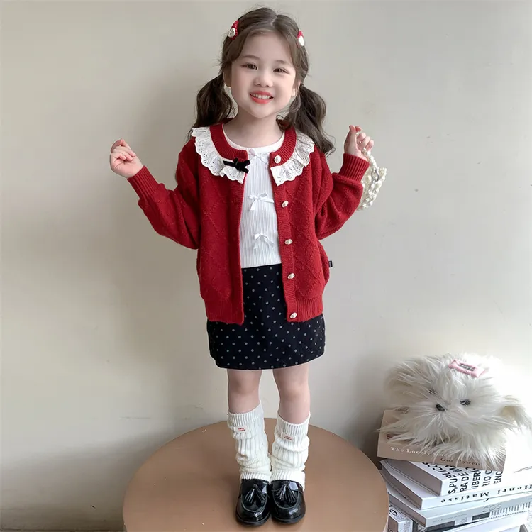 女童毛衣开衫儿童韩版洋气花边领针织线衫小女孩宝宝秋装2025新款
