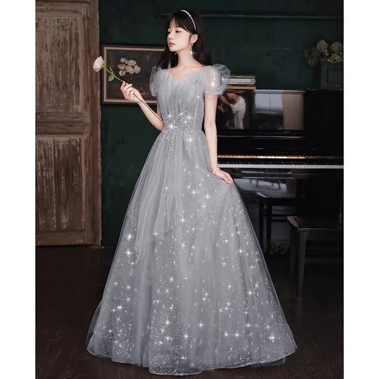 法式宴会晚礼服2025新款灰色轻奢星空蓬蓬裙主持人艺考年会演出服